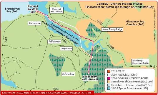 Successive pipeline routes, culminating in a tunnel through Sruwaddaton Bay Successive pipeline routes, culminating in a tunnel through Sruwaddaton Bay